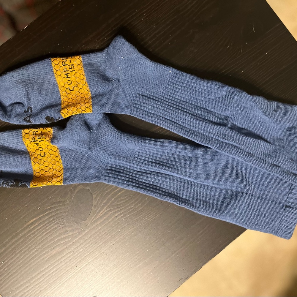 Blue and Yellow Crew Length Socks with Ribbed Texture